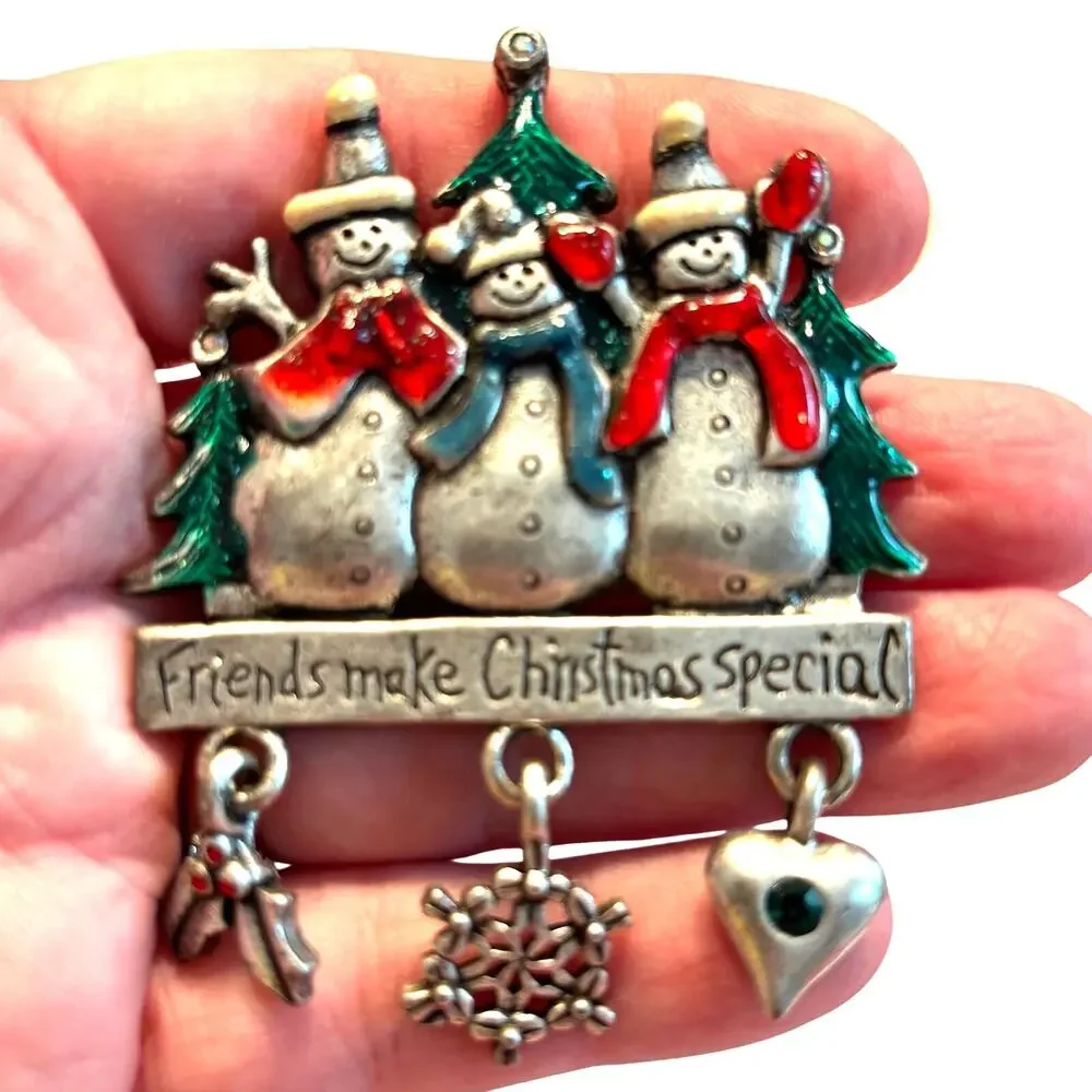 Vintage AJMC Christmas brooch pewter snowmen with gift dangles novelty pin